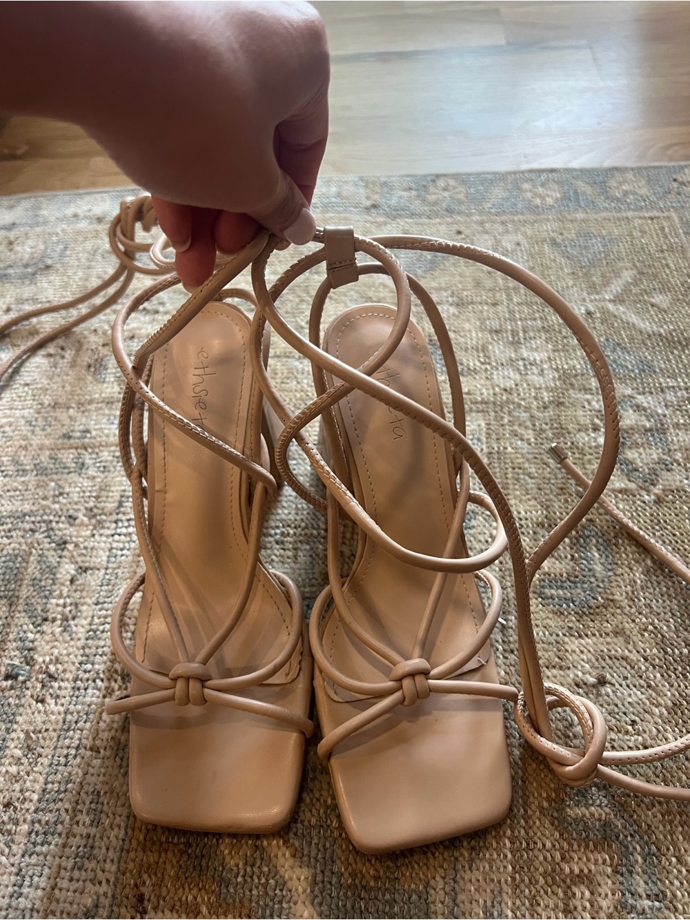 Strappy Lace-Up Square-Toe Heels in Nude